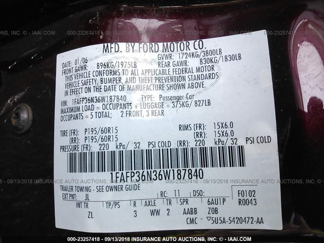 1FAFP36N36W187840 - 2006 FORD FOCUS ZXW MAROON photo 9