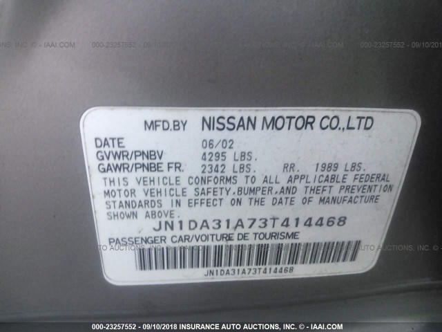 JN1DA31A73T414468 - 2003 NISSAN MAXIMA GLE/SE GRAY photo 9