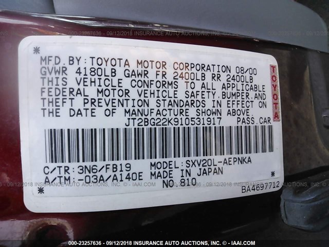 JT2BG22K910531917 - 2001 TOYOTA CAMRY CE/LE/XLE 勃艮第红 照片 9