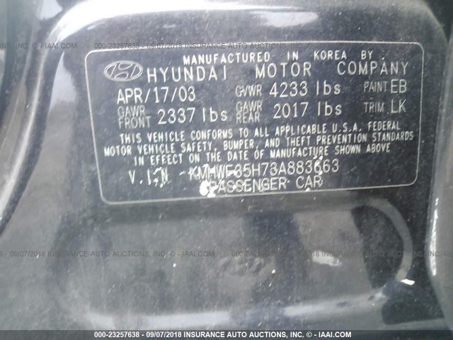KMHWF35H73A883663 - 2003 HYUNDAI SONATA 黑色 照片 9