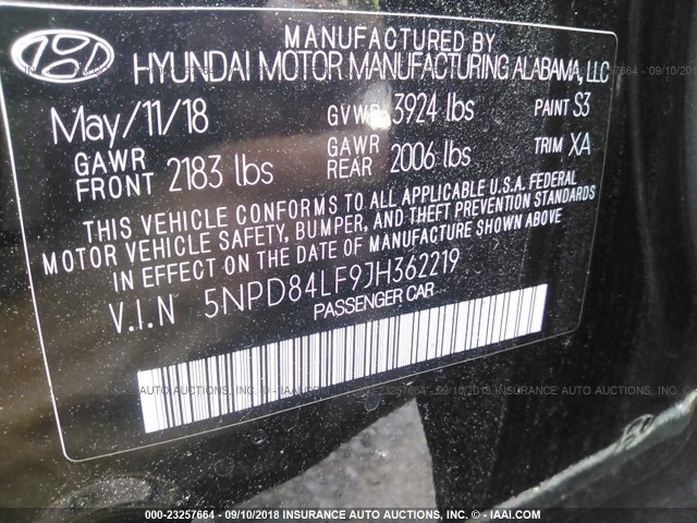 5NPD84LF9JH362219 - 2018 HYUNDAI ELANTRA SEL/VALUE/LIMITED BLACK photo 9