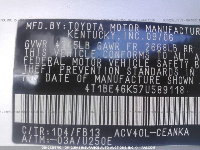 4T1BE46K57U589118 - 2007 TOYOTA CAMRY NEW GENERAT CE/LE/XLE/SE SILVER photo 9