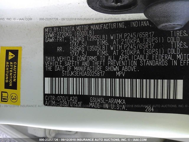 5TDJK3EH0AS025817 - 2010 TOYOTA HIGHLANDER SE WHITE photo 9