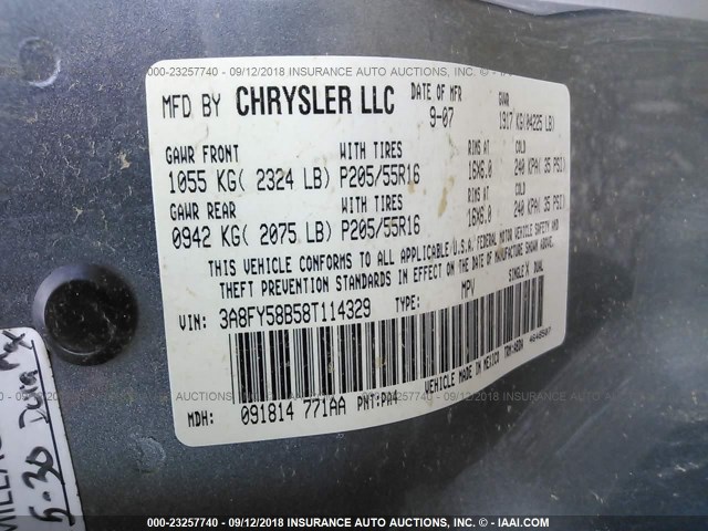 3A8FY58B58T114329 - 2008 CHRYSLER PT CRUISER TOURING TURQUOISE photo 9