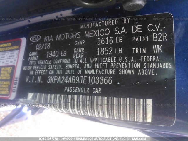 3KPA24AB9JE103366 - 2018 KIA RIO LX/S BLUE photo 9