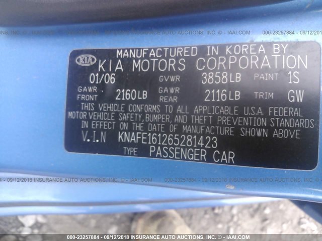 KNAFE161265281423 - 2006 KIA SPECTRA5 BLUE photo 9