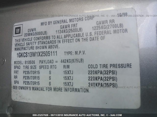 1GKCS13W1X2505111 - 1999 GMC JIMMY Алтын фото 9