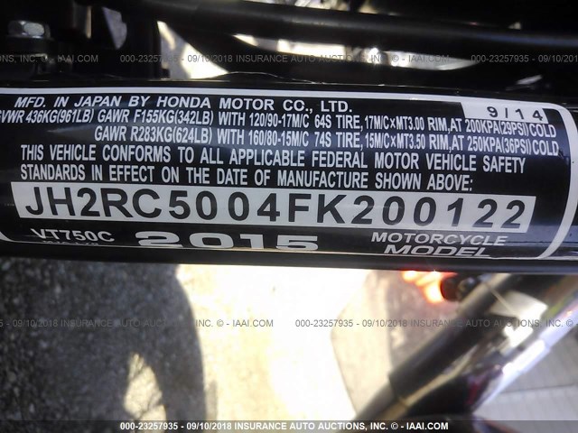 JH2RC5004FK200122 - 2015 HONDA VT750 C RED photo 10