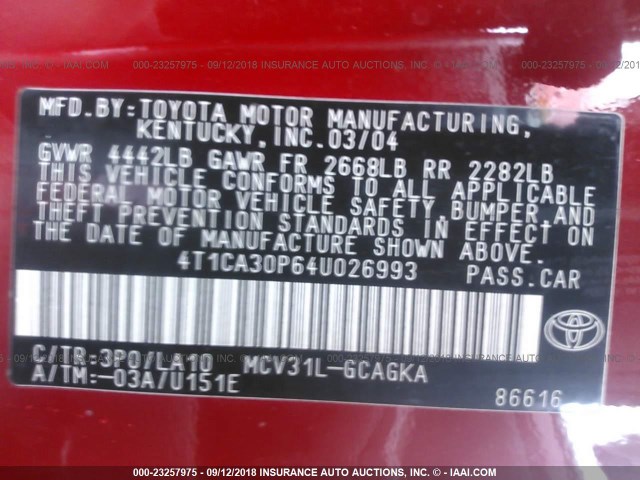 4T1CA30P64U026993 - 2004 TOYOTA CAMRY SOLARA SE/SLE წითელი ფოტო 9