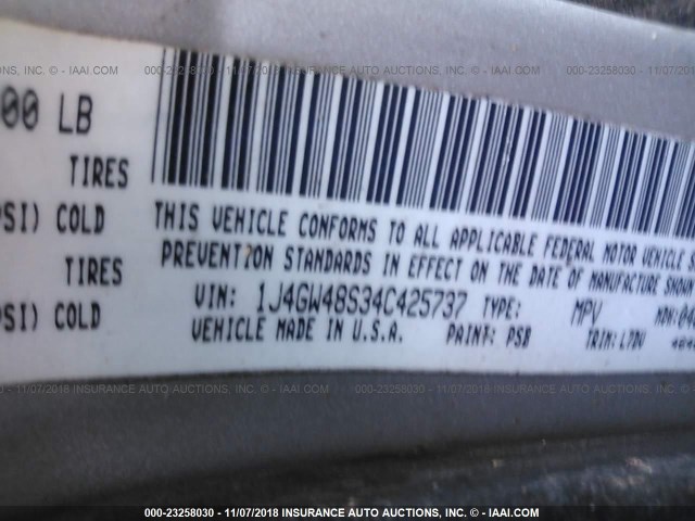 1J4GW48S34C425737 - 2004 JEEP GRAND CHEROKEE LAREDO/COLUMBIA/FREEDOM 银色 照片 9