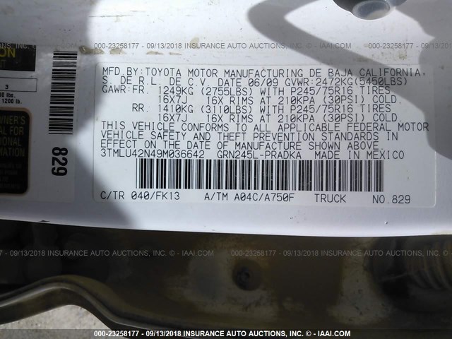 3TMLU42N49M036642 - 2009 TOYOTA TACOMA DOUBLE CAB 白色 照片 9