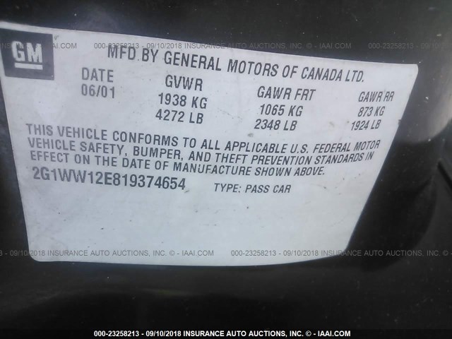 2G1WW12E819374654 - 2001 CHEVROLET MONTE CARLO LS შავი ფოტო 9