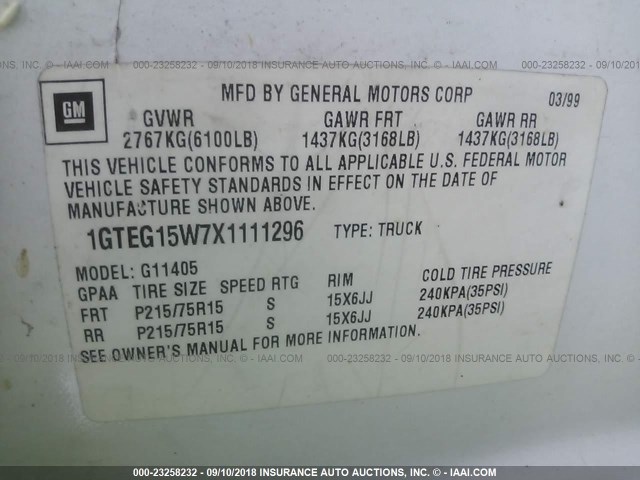 1GTEG15W7X1111296 - 1999 GMC SAVANA G1500 WHITE photo 9