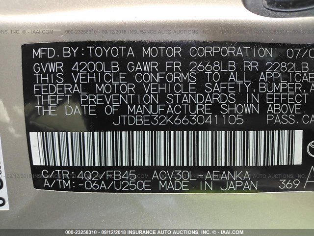 JTDBE32K663041105 - 2006 TOYOTA CAMRY LE/XLE GOLD photo 9