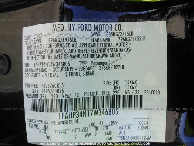 1FAHP34N17W346805 - 2007 FORD FOCUS ZX4/S/SE/SES 黑色 照片 9