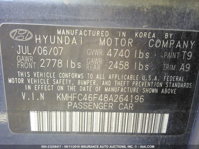 KMHFC46F48A264196 - 2008 HYUNDAI AZERA SE/LIMITED Navy photo 9