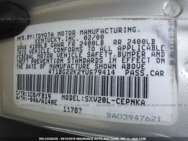 4T1BG22K2YU679414 - 2000 TOYOTA CAMRY CE/LE/XLE 银色 照片 9