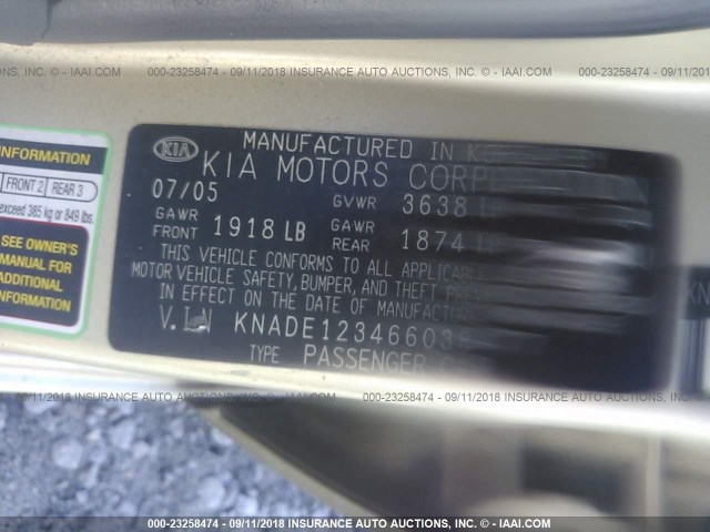 KNADE123466038477 - 2006 KIA RIO GOLD photo 9