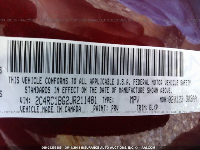 2C4RC1BG2JR211481 - 2018 CHRYSLER PACIFICA TOURING L Կարմիր լուսանկար 9