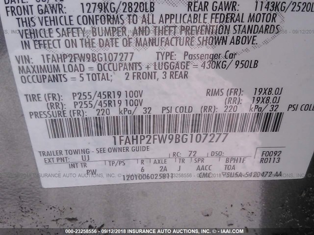 1FAHP2FW9BG107277 - 2011 FORD TAURUS LIMITED GRAY photo 9