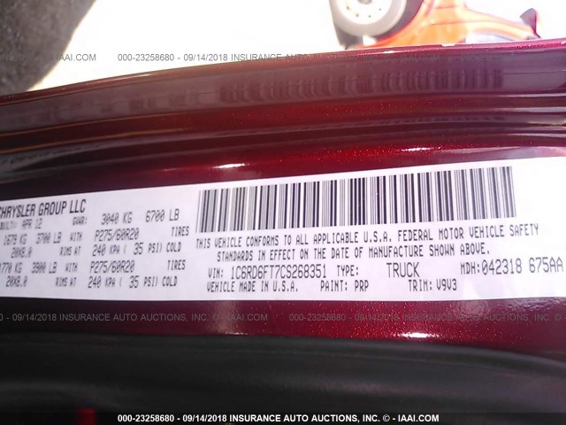 1C6RD6FT7CS268351 - 2012 DODGE RAM 1500 ST MAROON photo 9