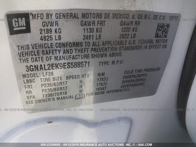 3GNAL2EK9ES588571 - 2014 CHEVROLET CAPTIVA LS 白色 照片 9