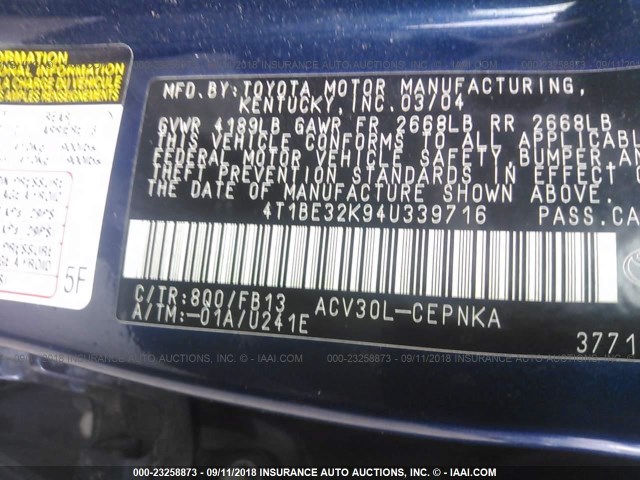 4T1BE32K94U339716 - 2004 TOYOTA CAMRY LE/XLE/SE BLUE photo 9