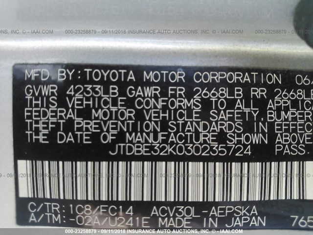 JTDBE32K030235724 - 2003 TOYOTA CAMRY LE/XLE SILVER photo 9