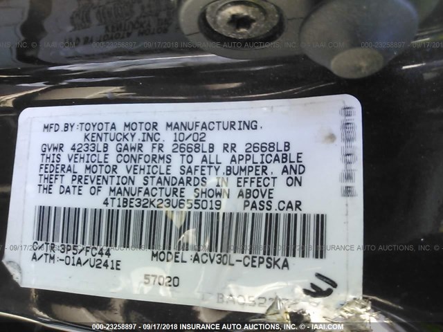 4T1BE32K23U655019 - 2003 TOYOTA CAMRY LE/XLE/SE Қара фото 9