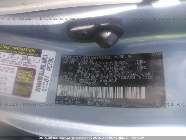 5TDZK23C47S062589 - 2007 TOYOTA SIENNA CE/LE BLUE photo 9