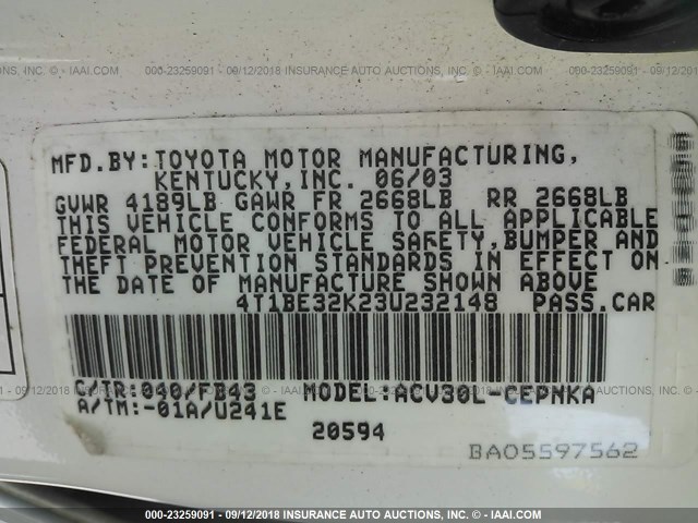 4T1BE32K23U232148 - 2003 TOYOTA CAMRY LE/XLE/SE Ақ фото 9