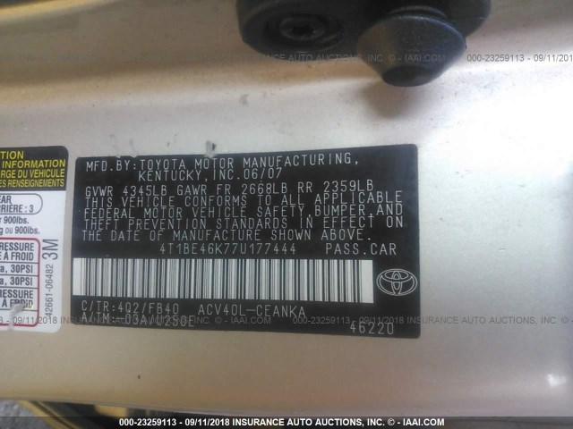 4T1BE46K77U177444 - 2007 TOYOTA CAMRY NEW GENERAT CE/LE/XLE/SE GOLD photo 9