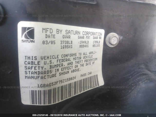 1G8AG52F75Z158024 - 2005 SATURN ION LEVEL 1 SILVER photo 9