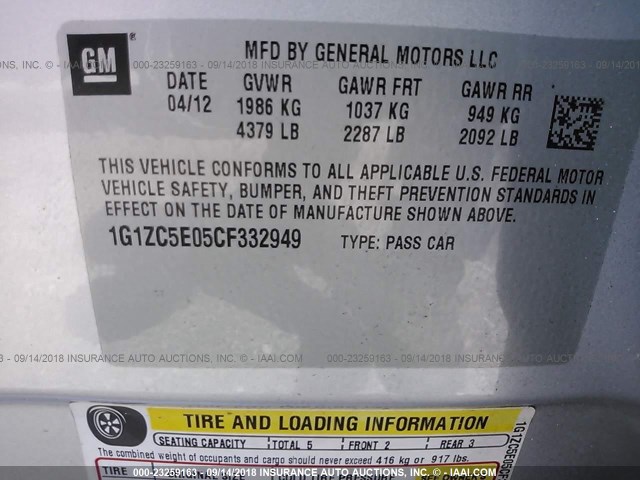 1G1ZC5E05CF332949 - 2012 CHEVROLET MALIBU 1LT 银色 照片 9