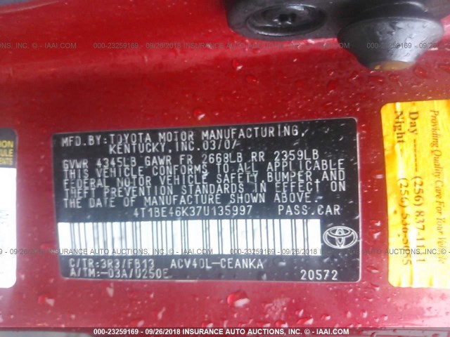4T1BE46K37U135997 - 2007 TOYOTA CAMRY NEW GENERAT CE/LE/XLE/SE RED photo 9