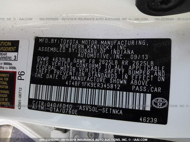 4T4BF1FK9ER345812 - 2014 TOYOTA CAMRY L/SE/LE/XLE Ağ foto 9
