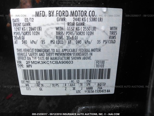 2FMDK3KC1CBA90603 - 2012 FORD EDGE LIMITED BLACK photo 9