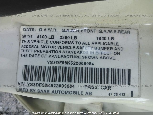 YS3DF58K522009084 - 2002 SAAB 9-3 SE WHITE photo 9