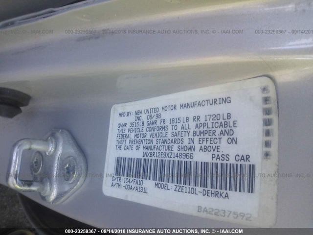 1NXBR12E9XZ148966 - 1999 TOYOTA COROLLA VE/CE/LE 米色 照片 9