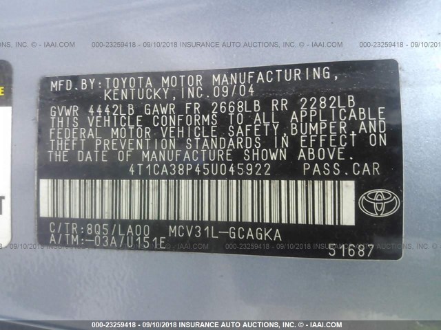 4T1CA38P45U045922 - 2005 TOYOTA CAMRY SOLARA SE/SLE BLUE photo 9