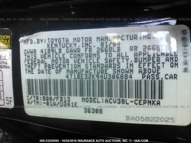 4T1BE32K94U306084 - 2004 TOYOTA CAMRY LE/XLE/SE Mavi foto 9