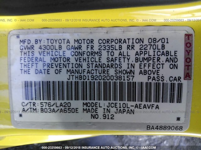 JTHBD192020038157 - 2002 LEXUS IS 300 YELLOW photo 9