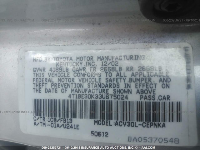 4T1BE30K33U675024 - 2003 TOYOTA CAMRY LE/XLE/SE 银色 照片 9