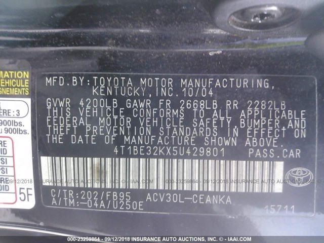 4T1BE32KX5U429801 - 2005 TOYOTA CAMRY LE/XLE/SE 黑色 照片 9