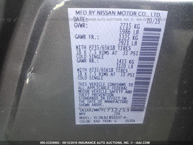 5N1AR2MM7FC712253 - 2015 NISSAN PATHFINDER S/SV/SL/PLATINUM GRAY photo 9