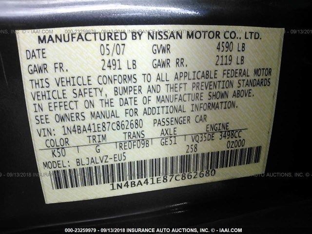 1N4BA41E87C862680 - 2007 NISSAN MAXIMA SE/SL SILVER photo 9