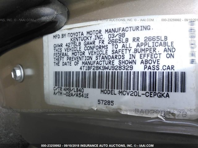 4T1BF28K9WU928329 - 1998 TOYOTA CAMRY CE/LE/XLE 米色 照片 9