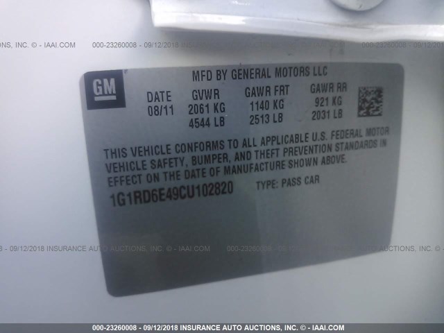 1G1RD6E49CU102820 - 2012 CHEVROLET VOLT WHITE photo 9