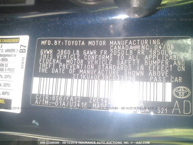 2T1KU40E39C033996 - 2009 TOYOTA COROLLA MATRIX  BLUE photo 9