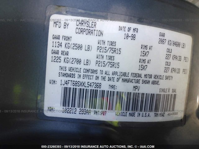 1J4FT68SXXL547368 - 1999 JEEP CHEROKEE SPORT/CLASSIC ლურჯი ფოტო 9